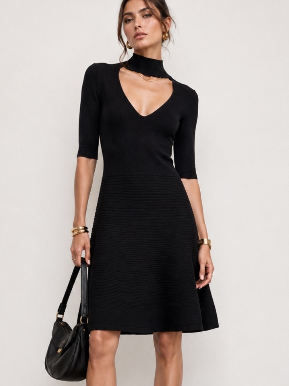 Cushnie Et Ochs  Black Choker Cutout Knit Dress Fit Flare Ribbed Midi Dress M